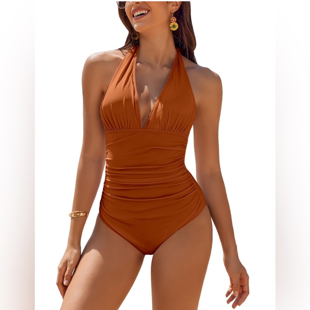 NWT- Women’s one piece halter with tummy control - small - amber/orange